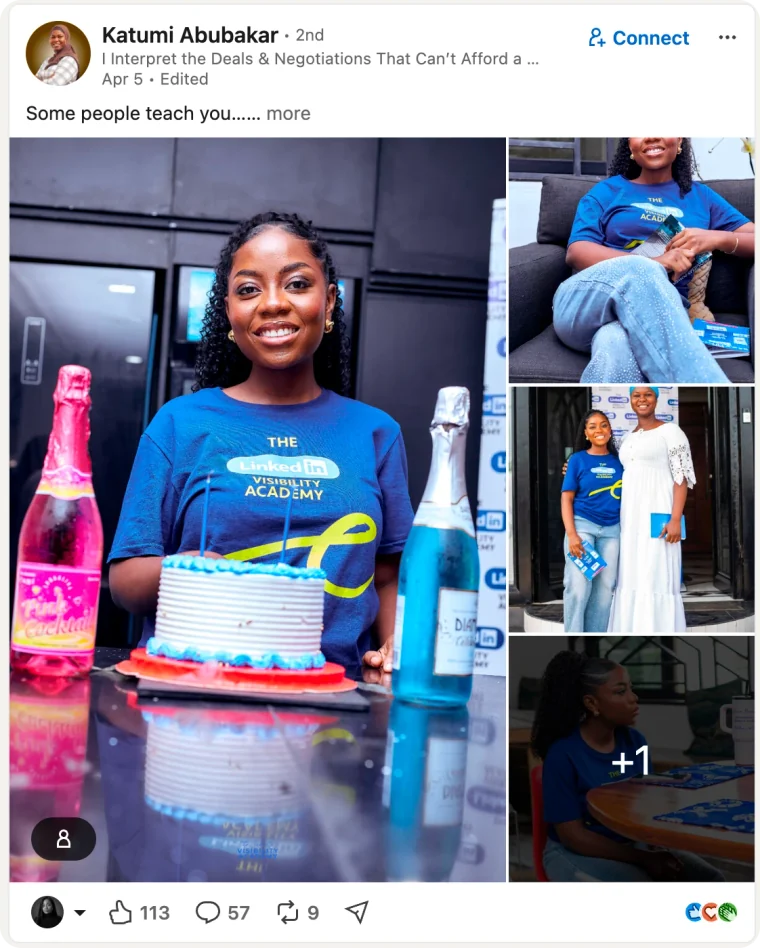 LinkedIn post by Katumi Abubakar that opens “Some people teach you…”, with photographs from a gathering where attendees wear LinkedIn Visibility Academy T-shirts.