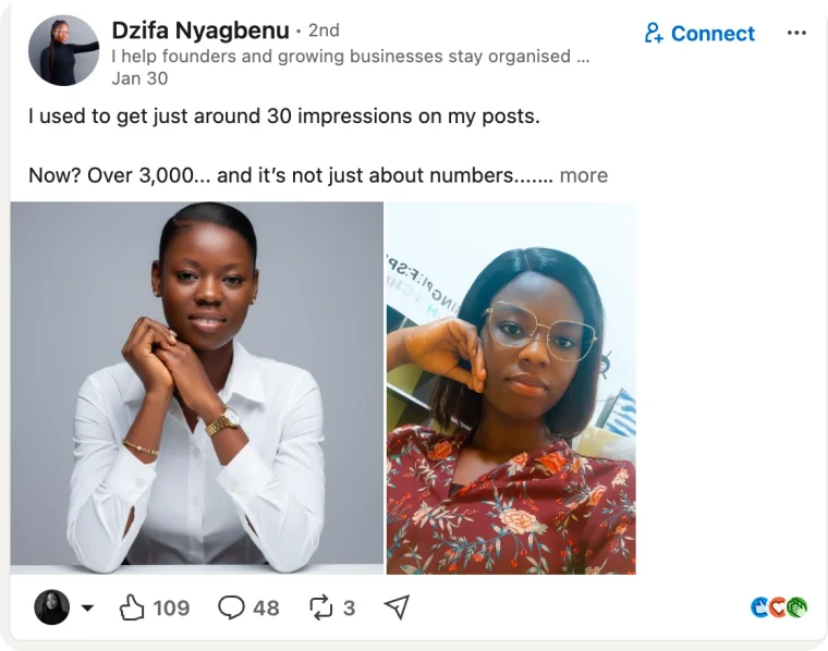 LinkedIn post by Dzifa Nyagbenu that opens “I used to get just around 30 impressions on my posts. Now? Over 3,000”, with two portraits.