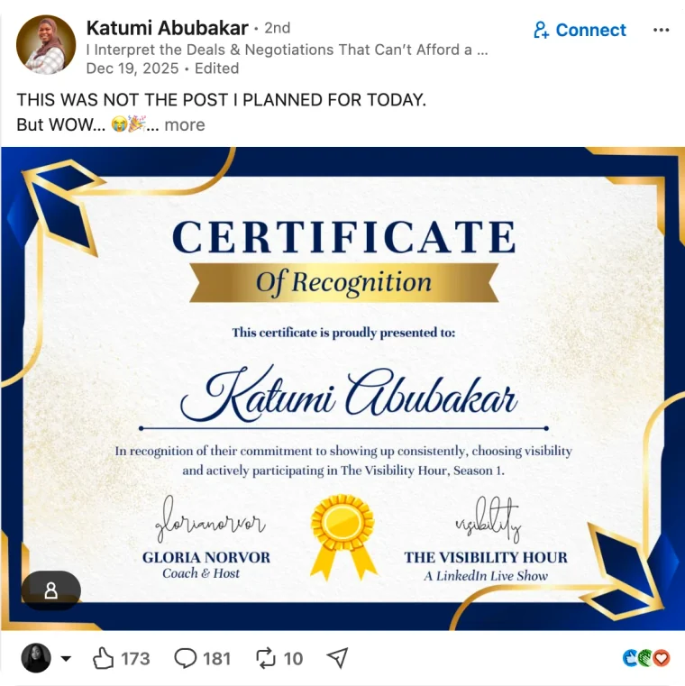 LinkedIn post by Katumi Abubakar showing a Certificate of Recognition for taking part in The Visibility Hour, Season 1, signed by Gloria Norvor.